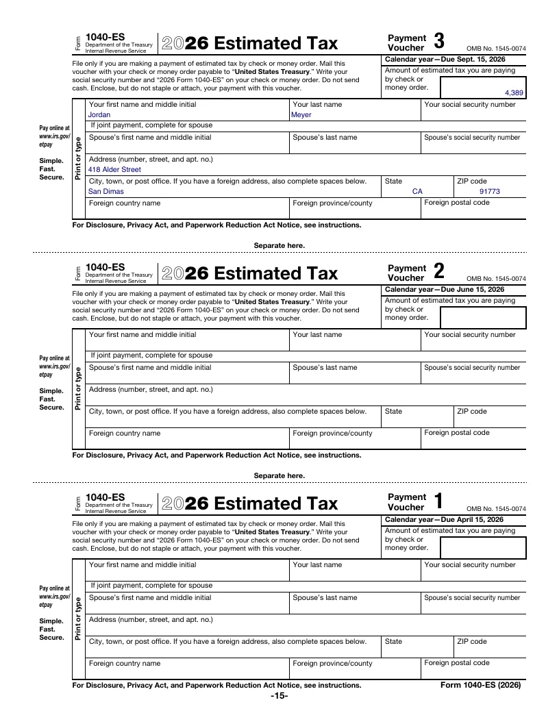 1040-ES voucher, sample page