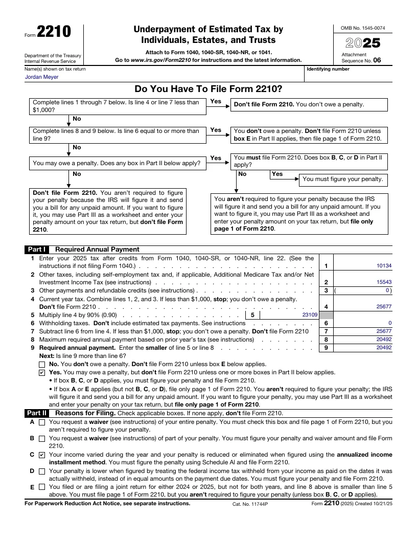 Form 2210, sample page